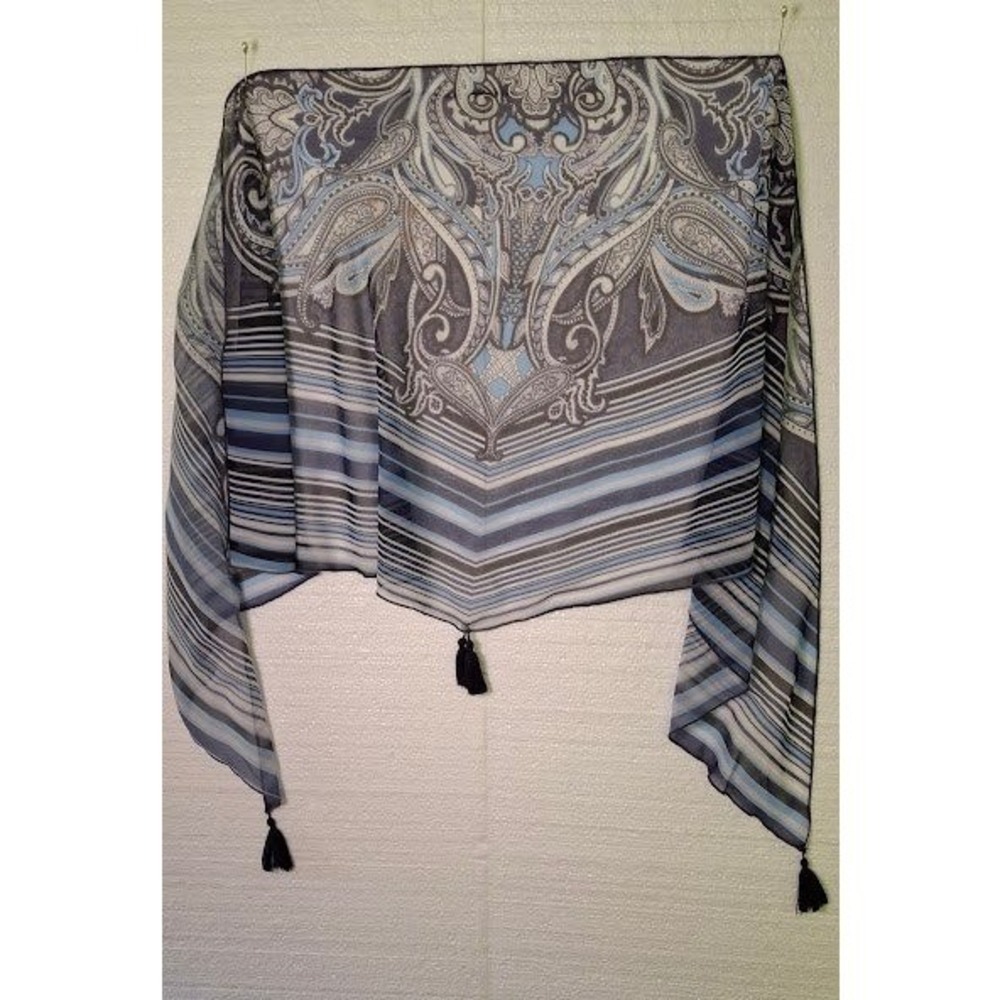 Womens Blue Grey Paisley Stripe Triangle Scarf with Tassels Sheer Wrap